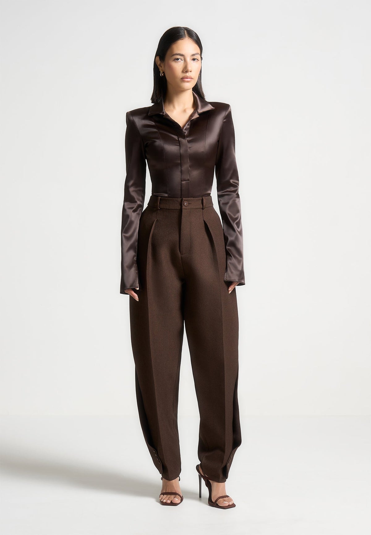 Louise - Wide Shoulder Satin Shirt Bodysuit - Brown