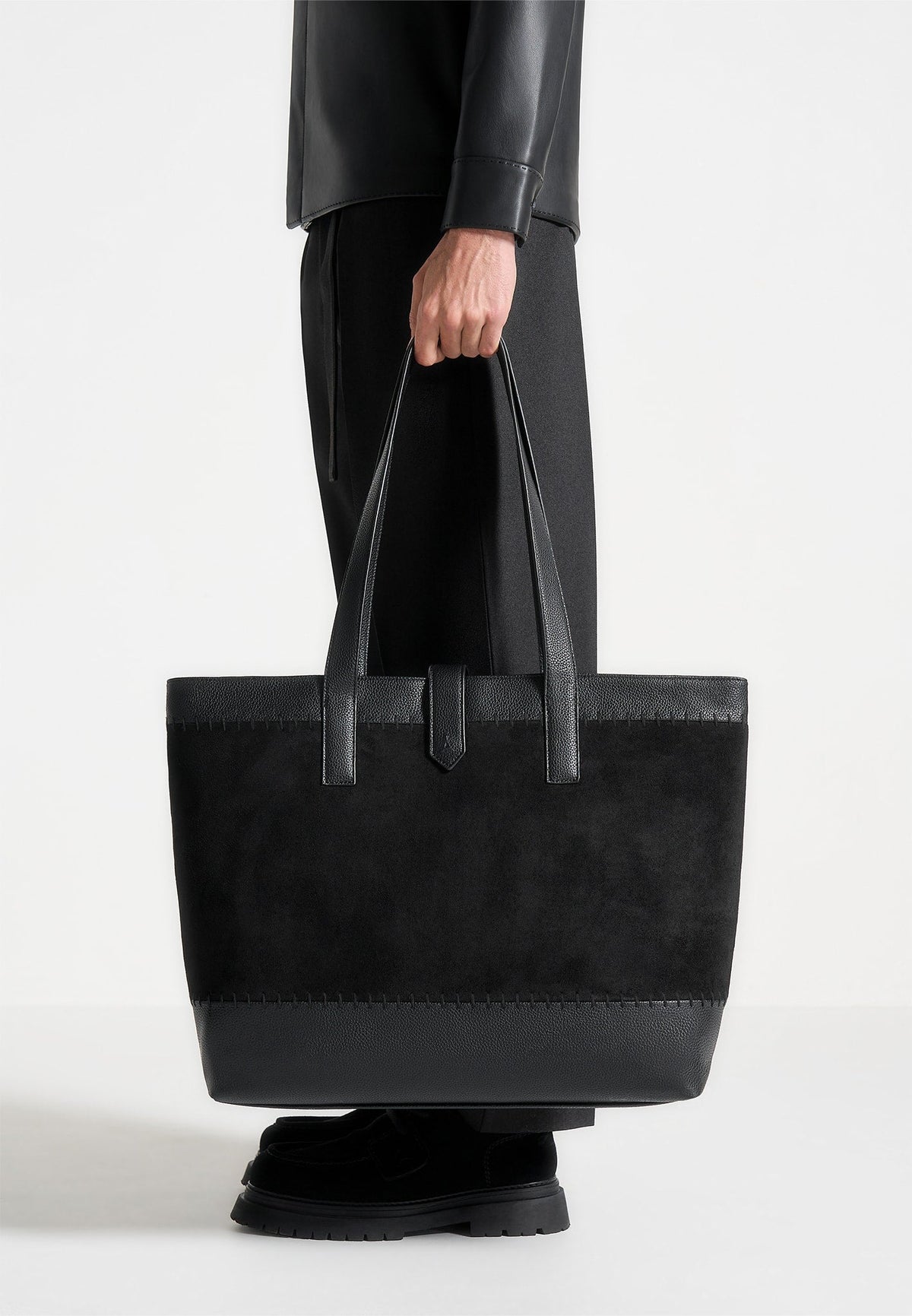 Nicolas - Suede & Pebbled Leather Whipstitch Tote Bag - Black
