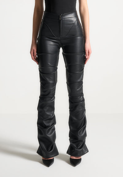 Caroline - Tacked Leather Fit & Flare Pants - Black