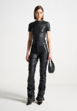 Caroline - Tacked Leather Fit & Flare Pants - Black