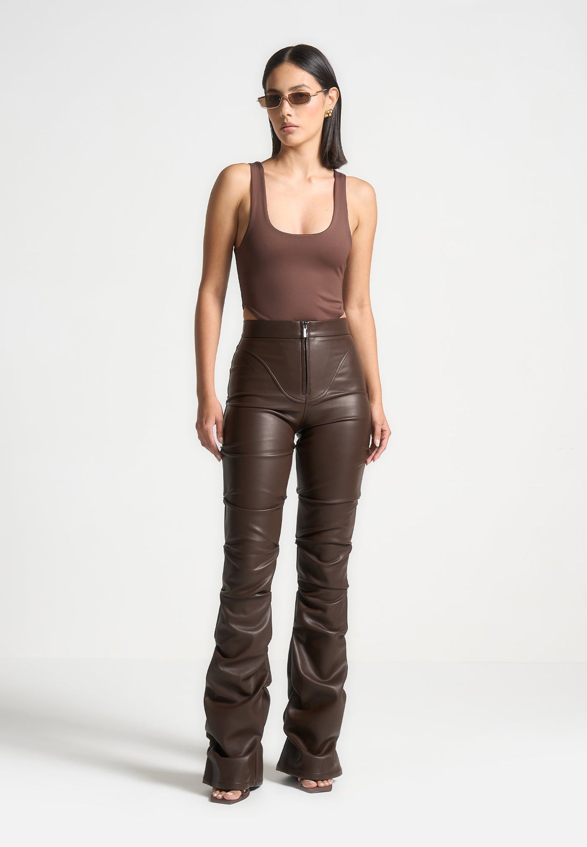 Caroline - Tacked Leather Flared Pants - Brown