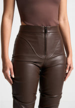 tacked-vegan-leather-flared-trousers-brown