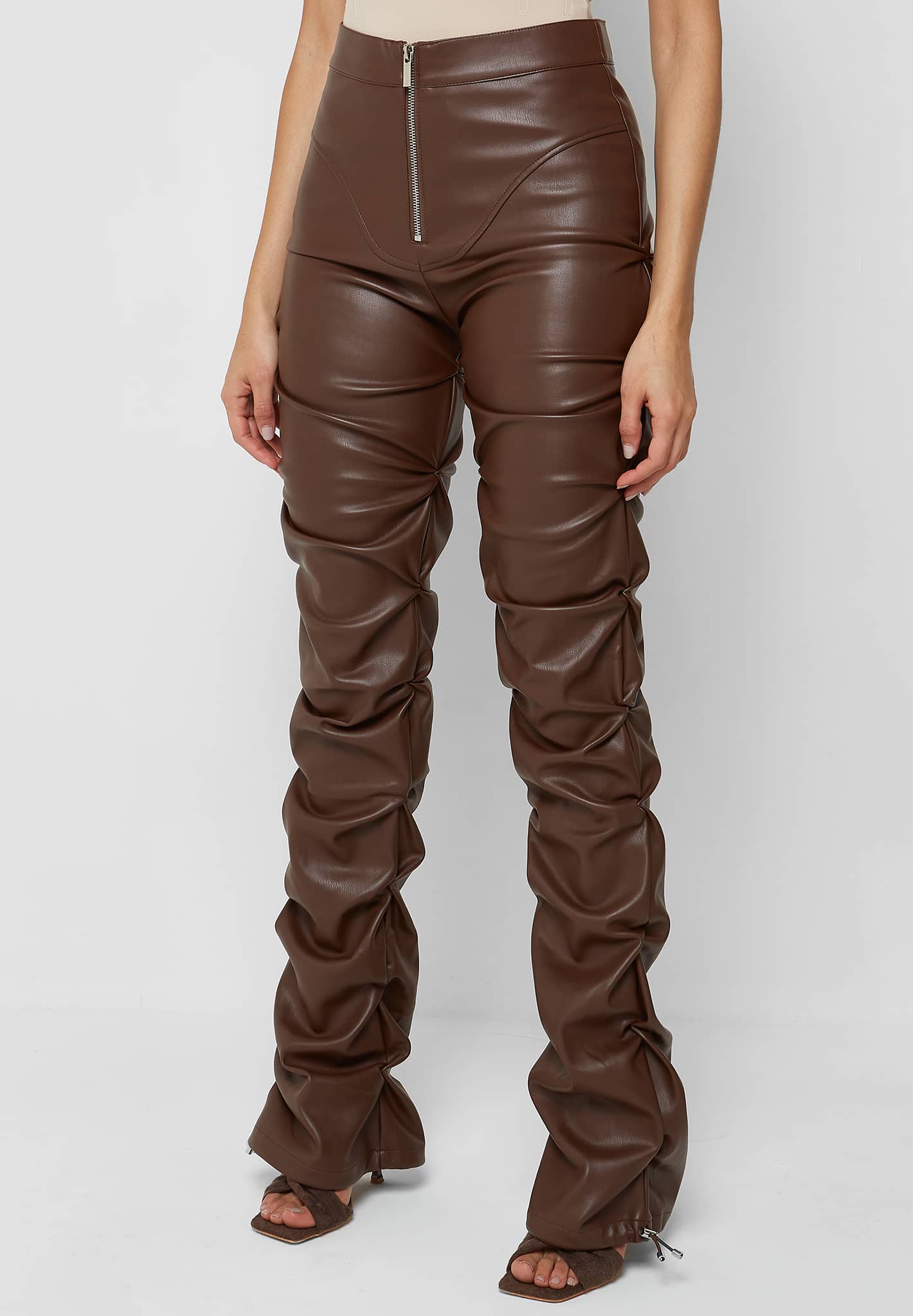 Tacked Vegan Leather Flared Trousers - Chocolate Brown
