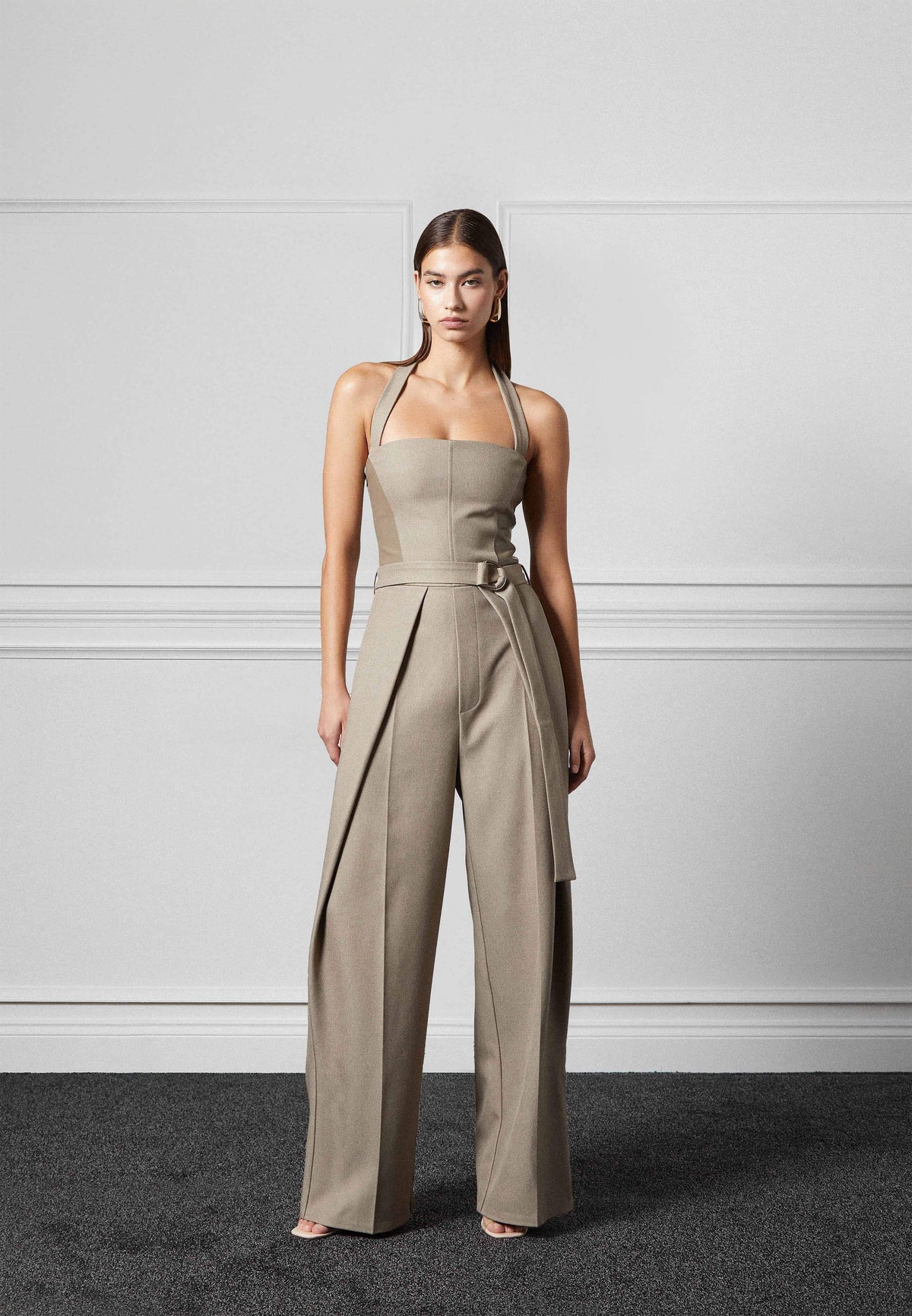 Sabine - Tailored Pleat Jumpsuit with Belt - Beige