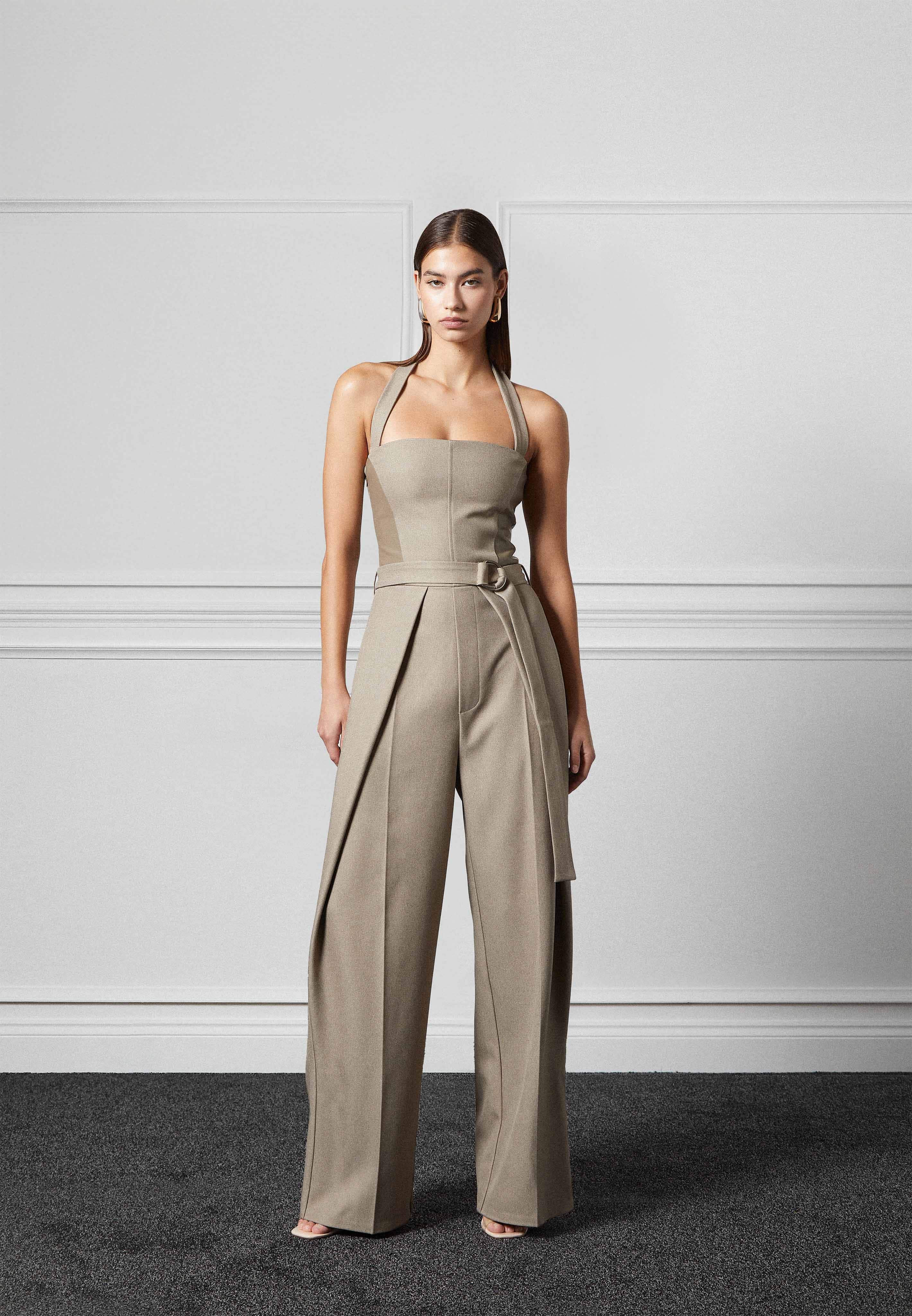 Sabine - Tailored Pleat Jumpsuit with Belt - Beige