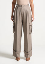 Danielle - Textured Tailored Pleated Cargo Trousers - Taupe