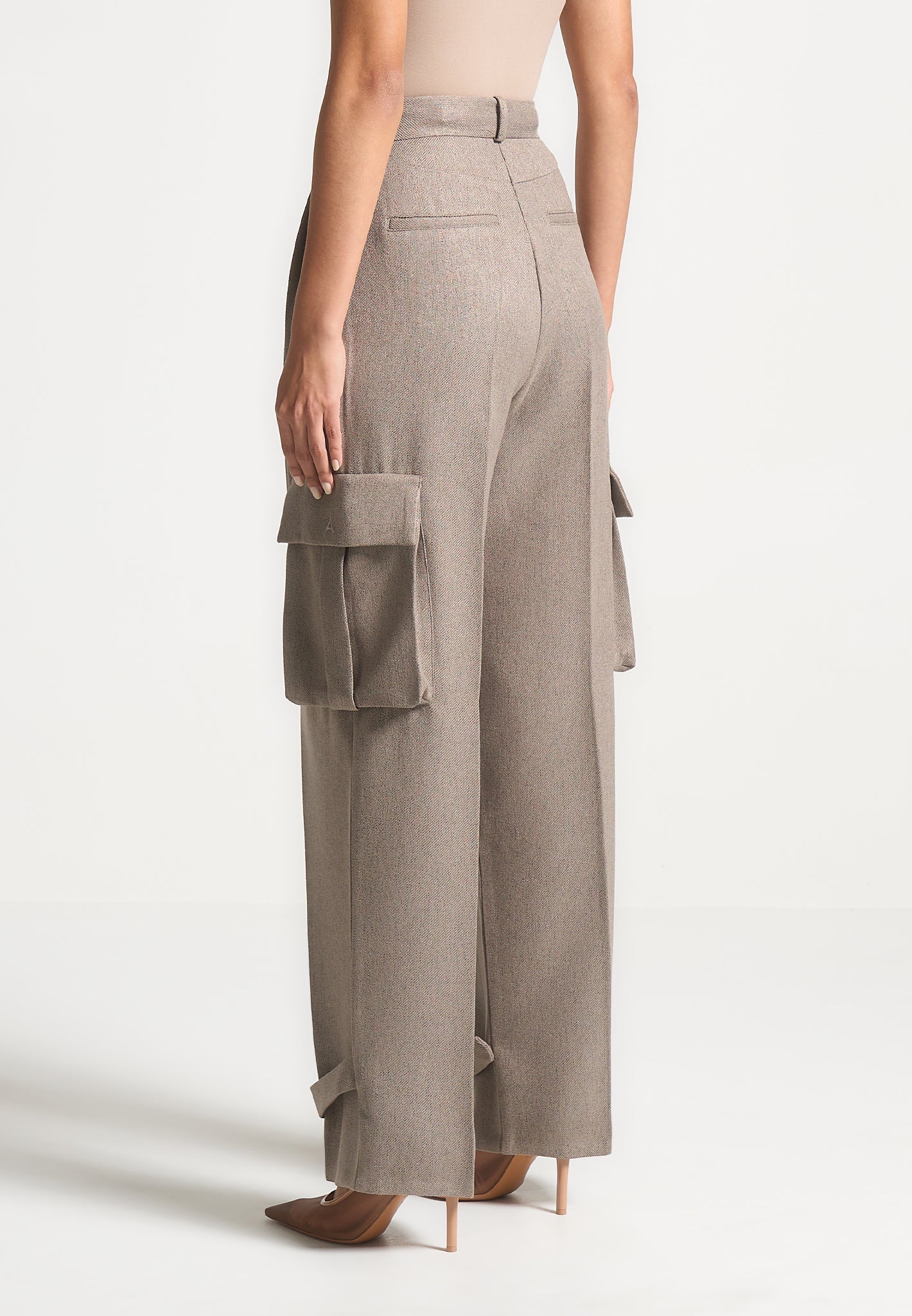 Danielle - Textured Tailored Pleated Cargo Trousers - Taupe
