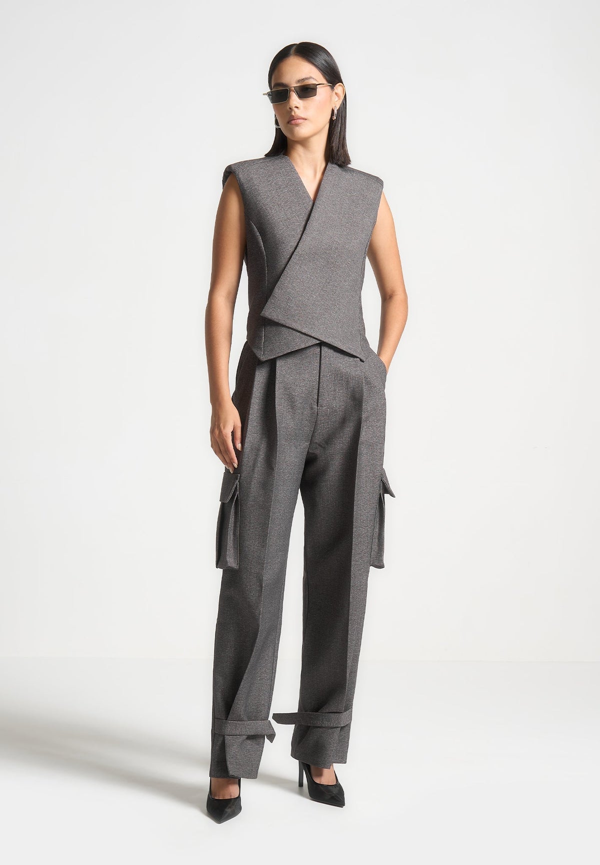 D⁠anielle - Textured Tailored Pleated Cargo Pants - Grey Marl