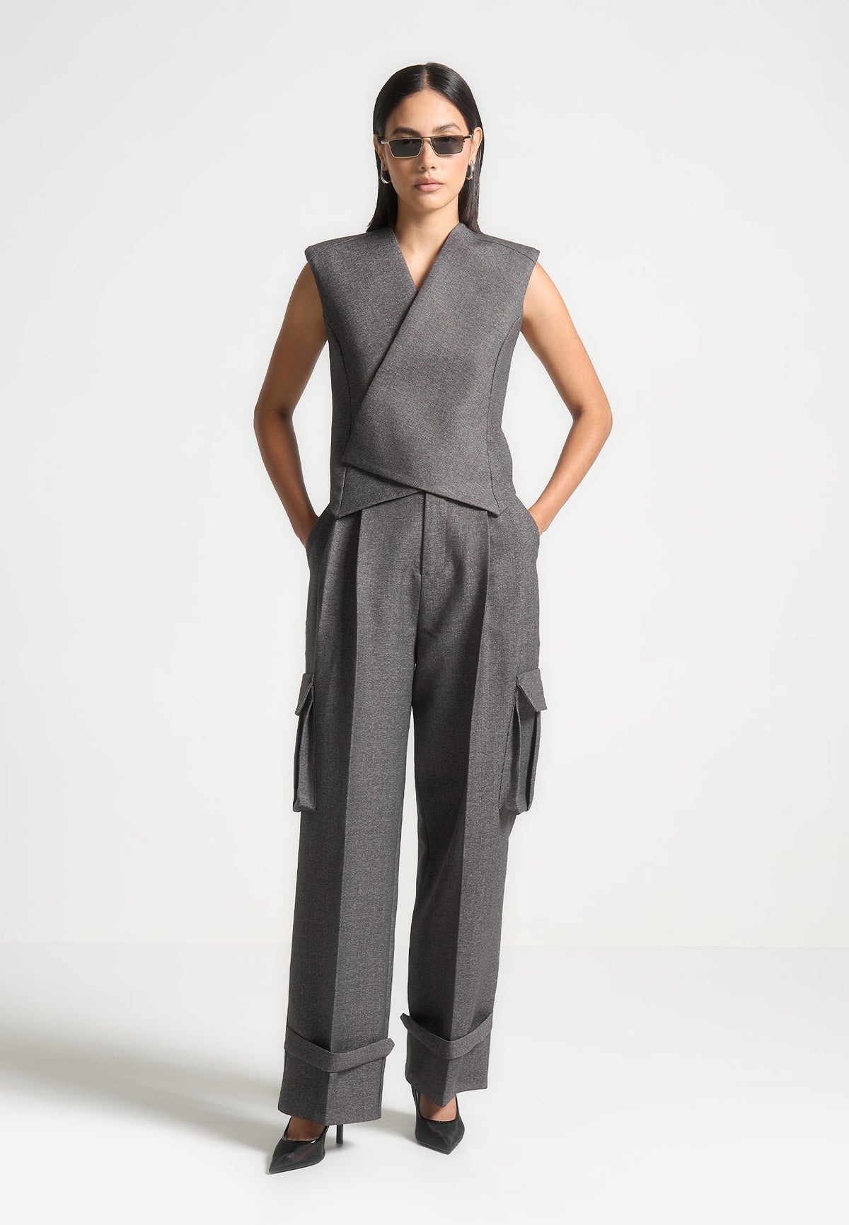 L⁠aurence - Textured Tailored Wrap Suit Vest - Grey Marl