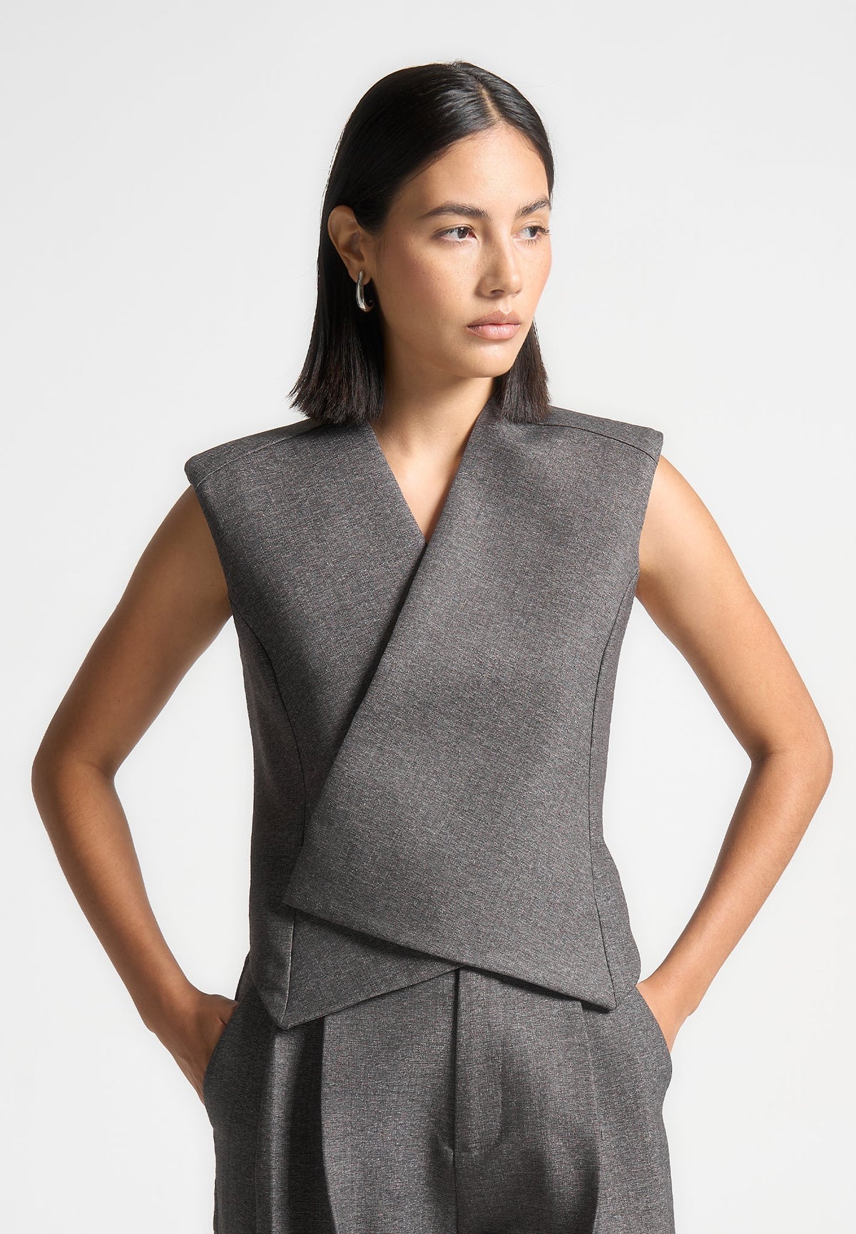 L⁠aurence - Textured Tailored Wrap Suit Vest - Grey Marl
