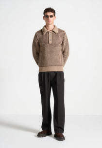 Textured Wool Knit Polo Jumper - Taupe
