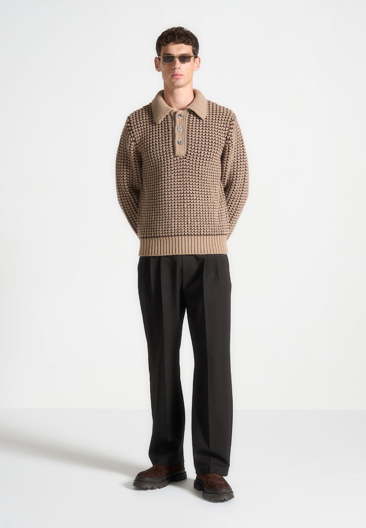 Textured Wool Knit Polo Jumper - Taupe