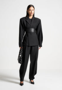 Marie - Twist Sleeve Tailored Blazer with Belt - Black