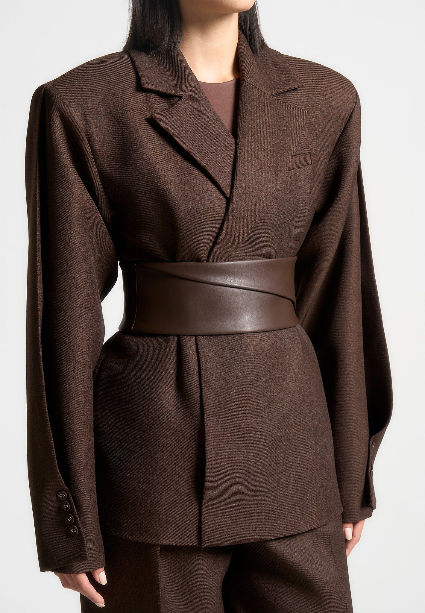 Marie - Twist Sleeve Tailored Blazer with Belt - Brown