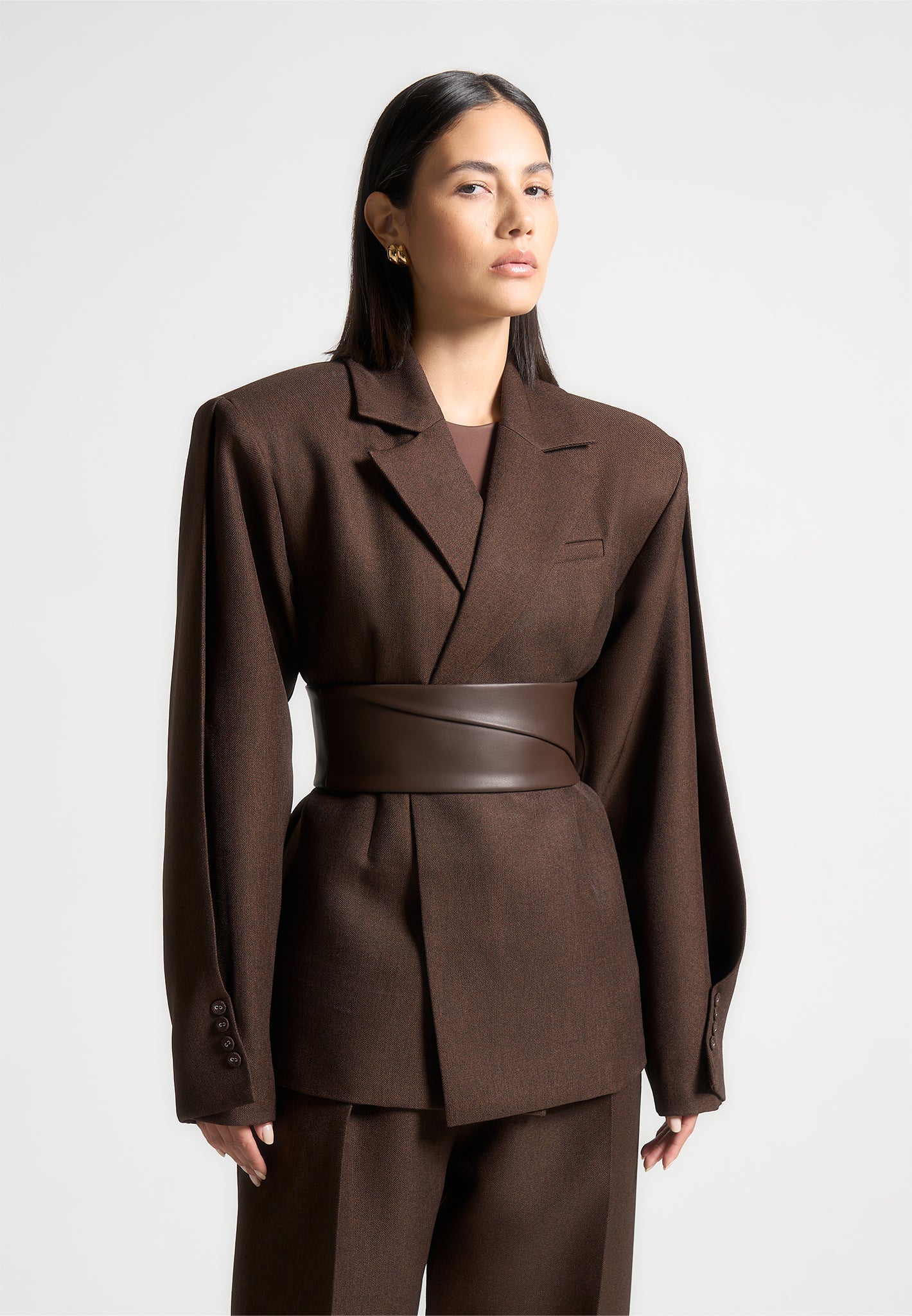 Marie - Twist Sleeve Tailored Blazer with Belt - Brown
