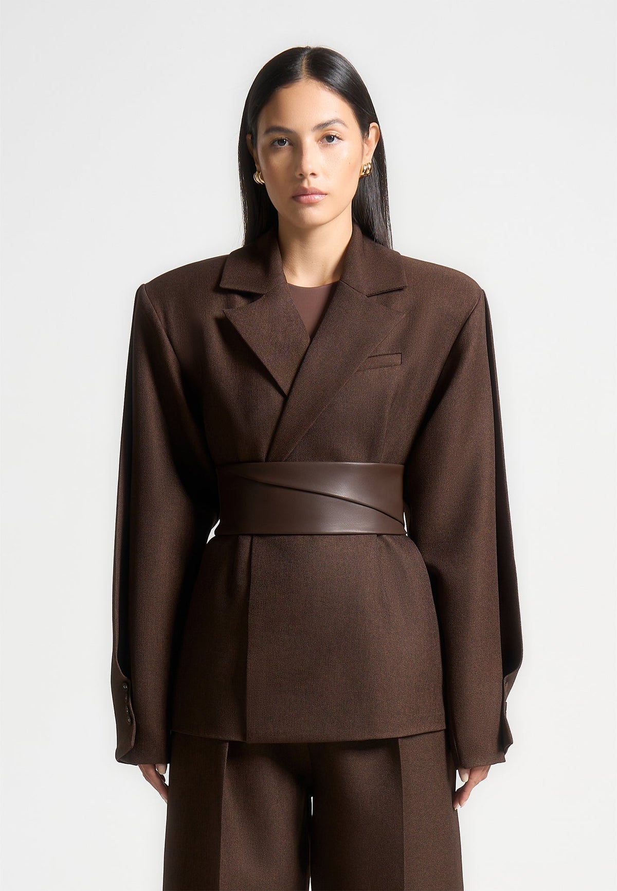 Marie - Twist Sleeve Tailored Blazer with Belt - Brown