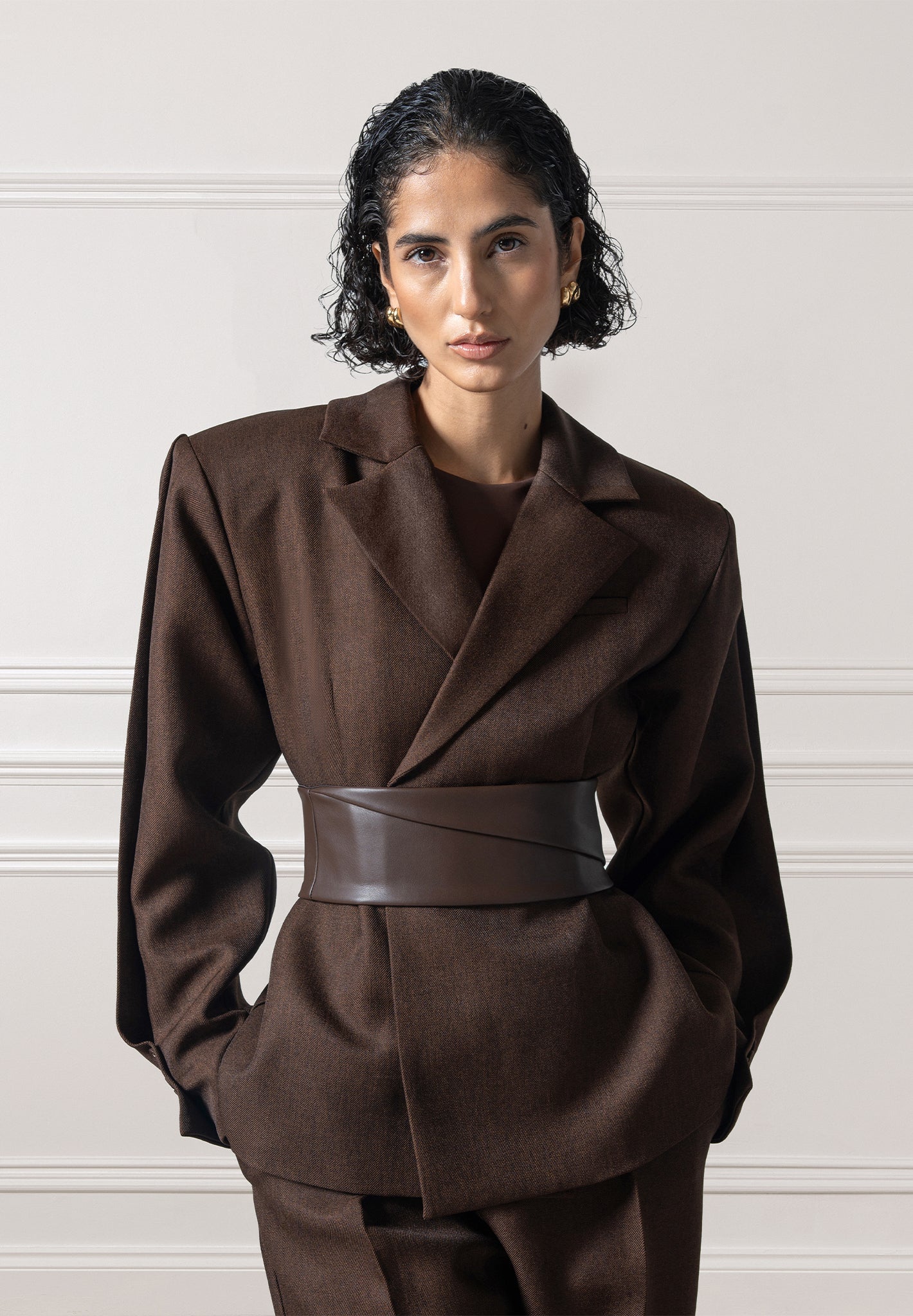 Marie - Twist Sleeve Tailored Blazer with Belt - Brown