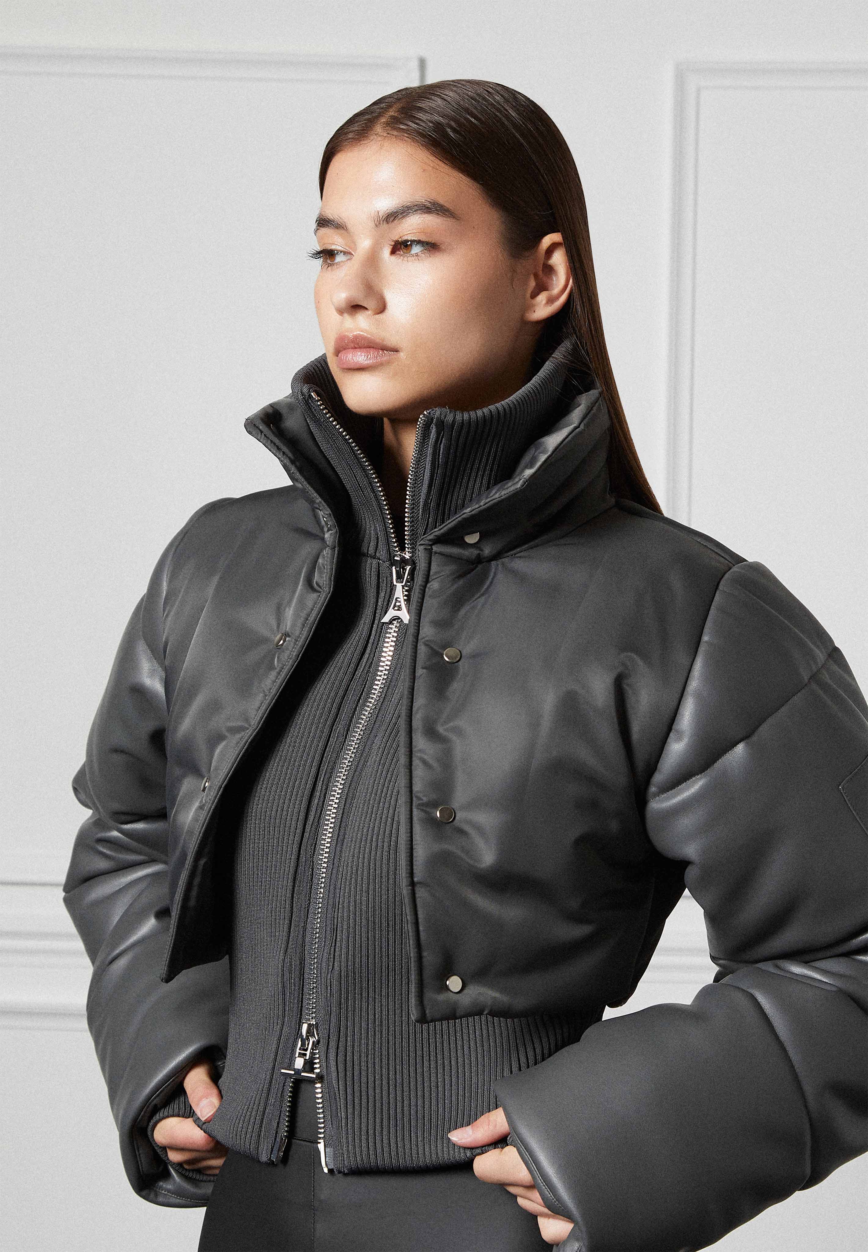 vegan-leather-and-nylon-layered-puffer-jacket-grey