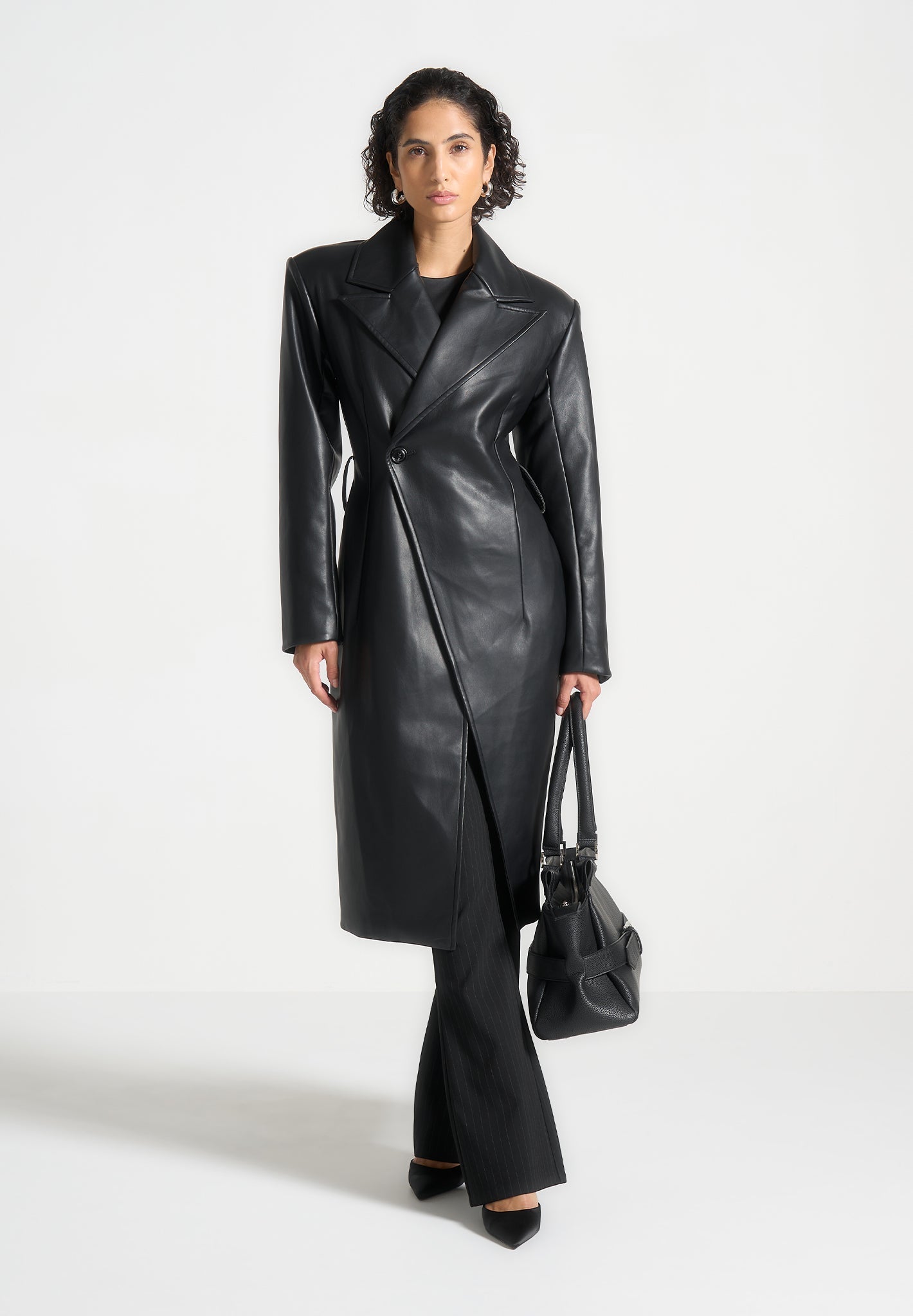 Malya - Leather Asymmetric Belted Coat - Black