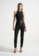 Suede Buckle Detail Leggings - Black
