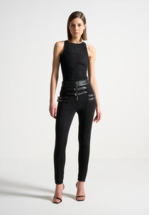 Suede Buckle Detail Leggings - Black