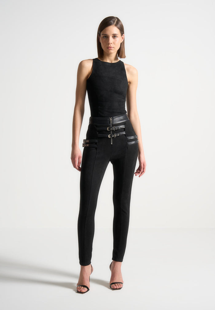 Suede Buckle Detail Leggings - Black