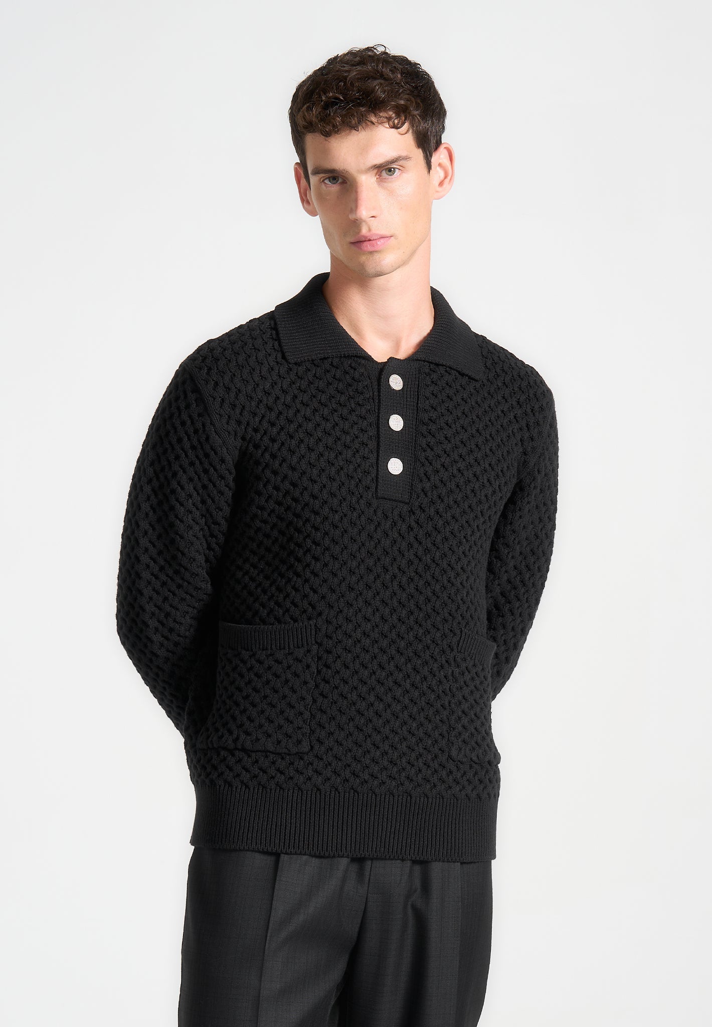 waffle-knit-polo-jumper-black