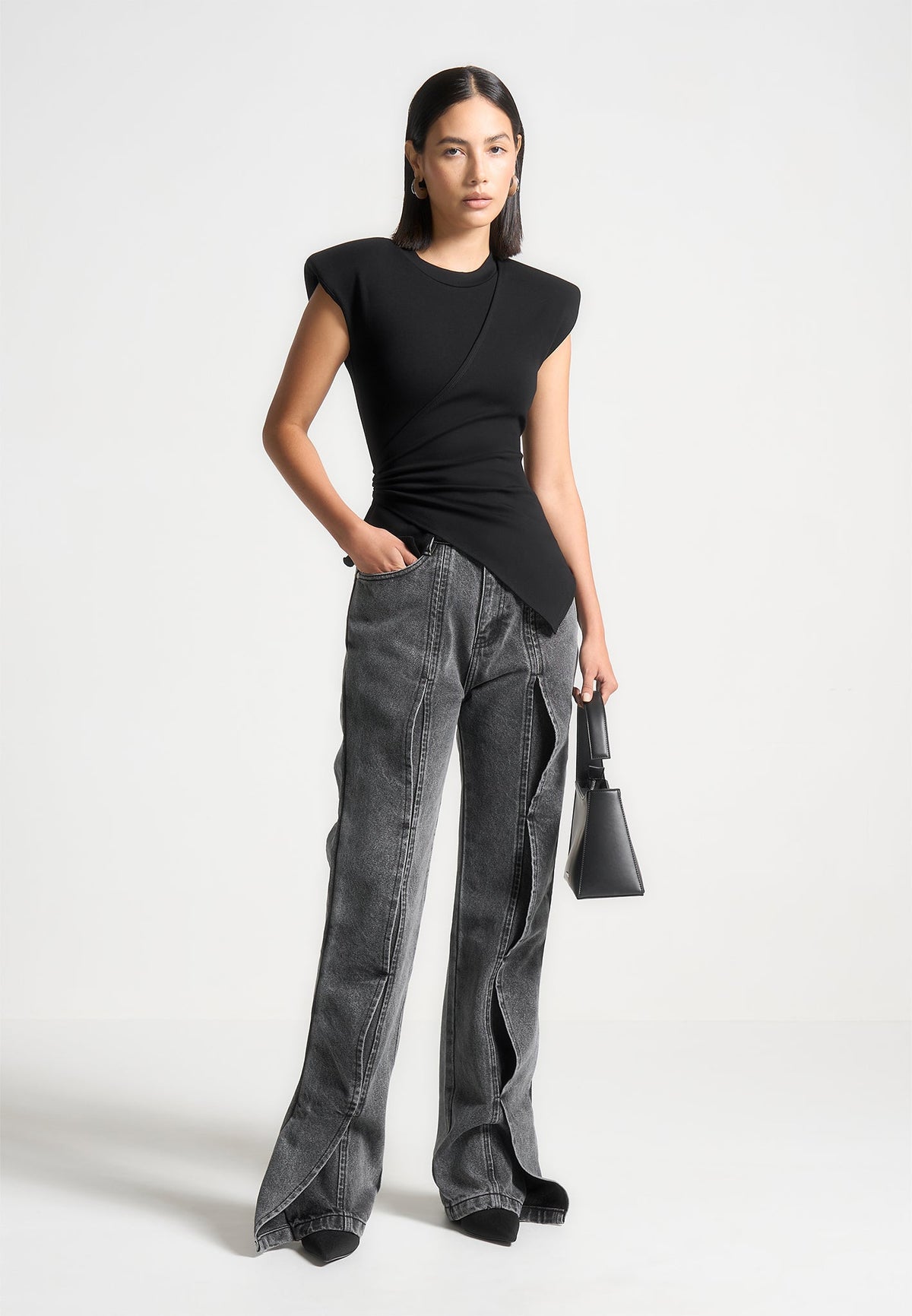 Maé - Wave Detail Straight Leg Jeans - Washed Grey