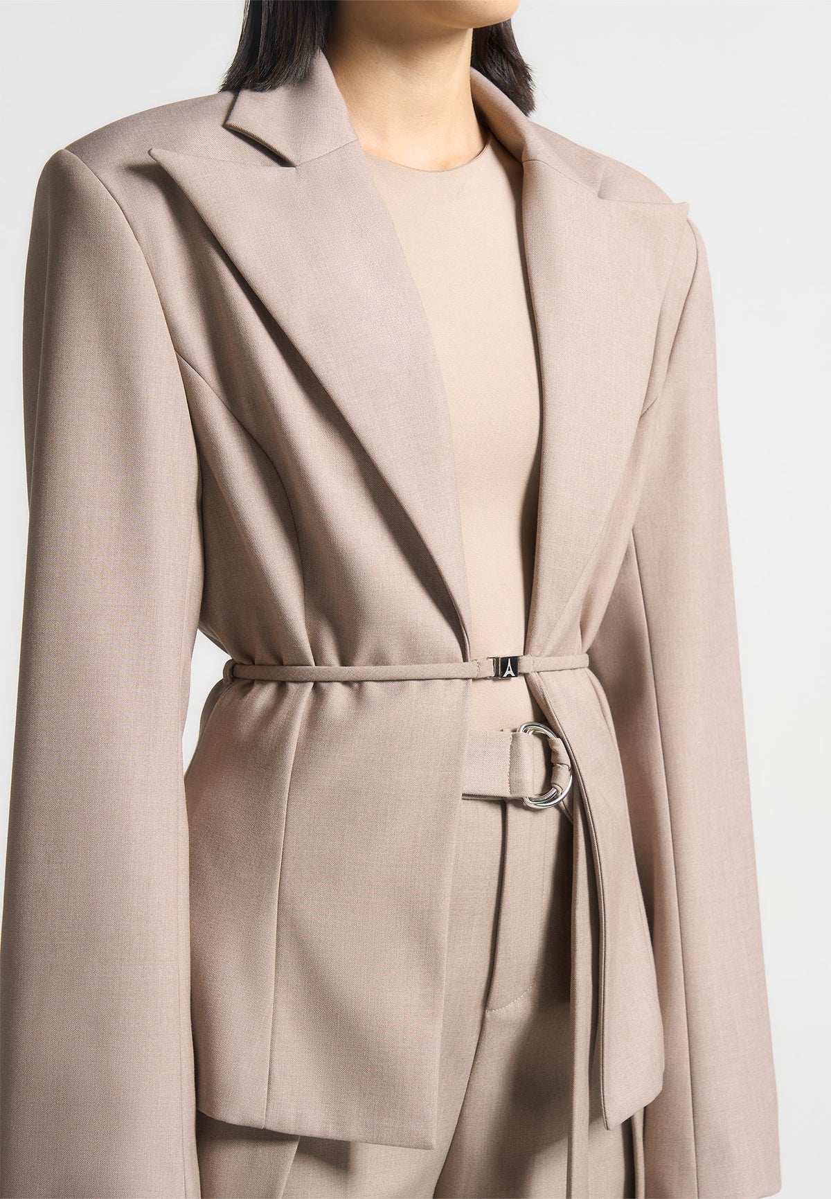 Wide Shoulder Tailored Blazer with Twin Belt - Beige
