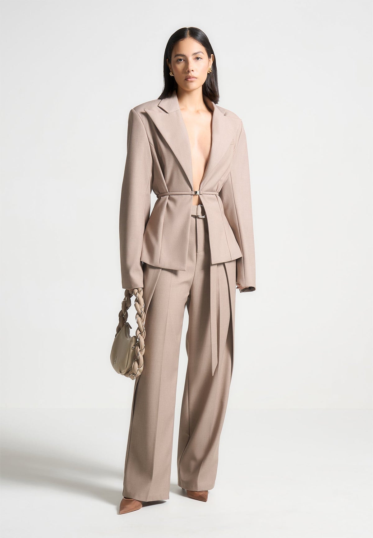 Wide Shoulder Tailored Blazer with Twin Belt - Beige