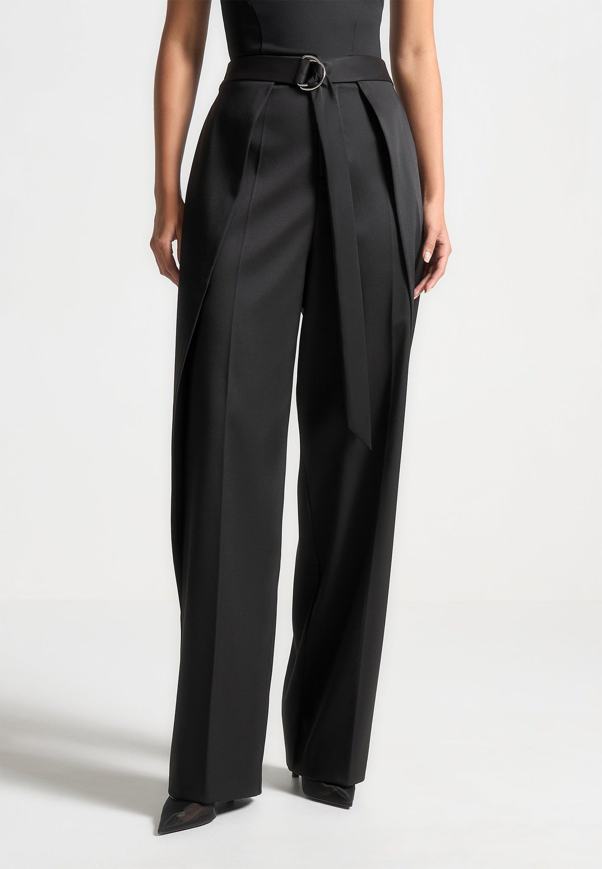 Foldover Sateen Pants with D-Ring Belt - Black