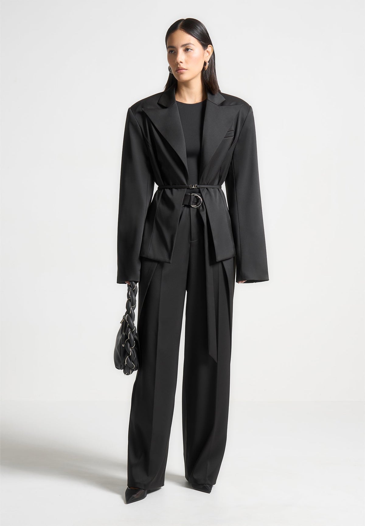 Foldover Sateen Pants with D-Ring Belt - Black
