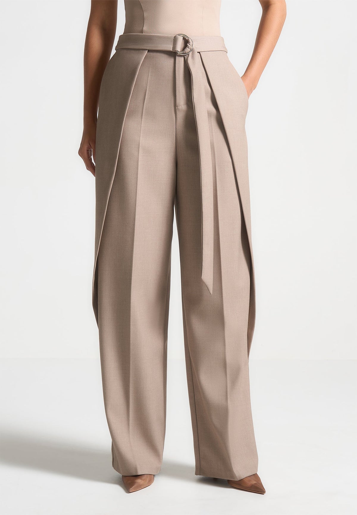 Foldover Tailored Pants with D-Ring Belt - Beige