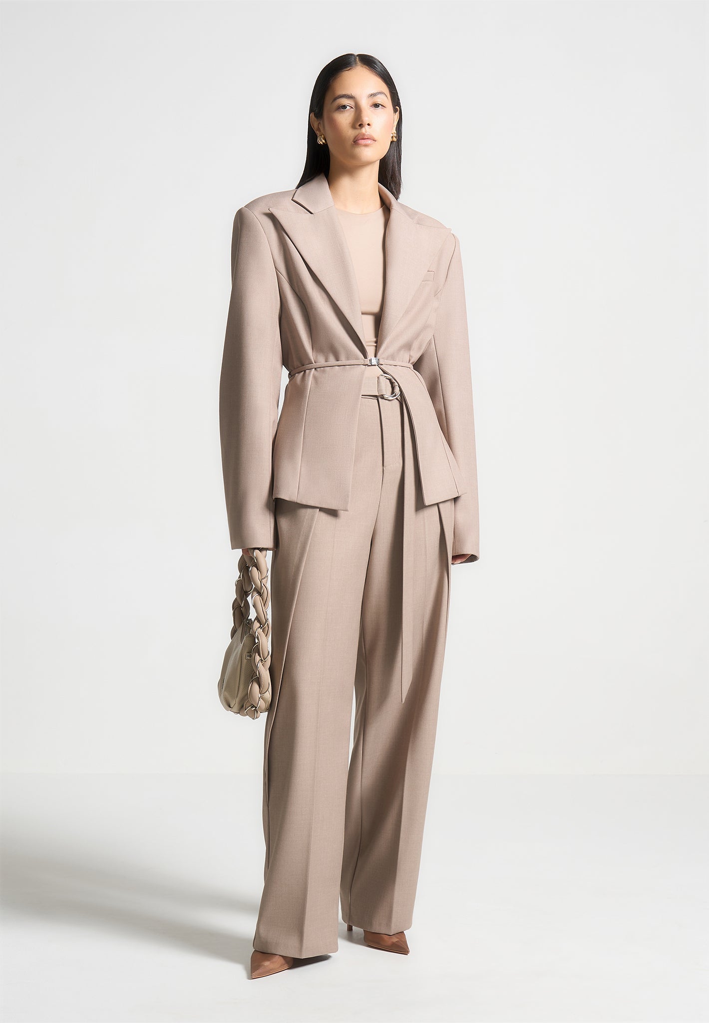 Foldover Tailored Trousers with D-Ring Belt - Taupe 