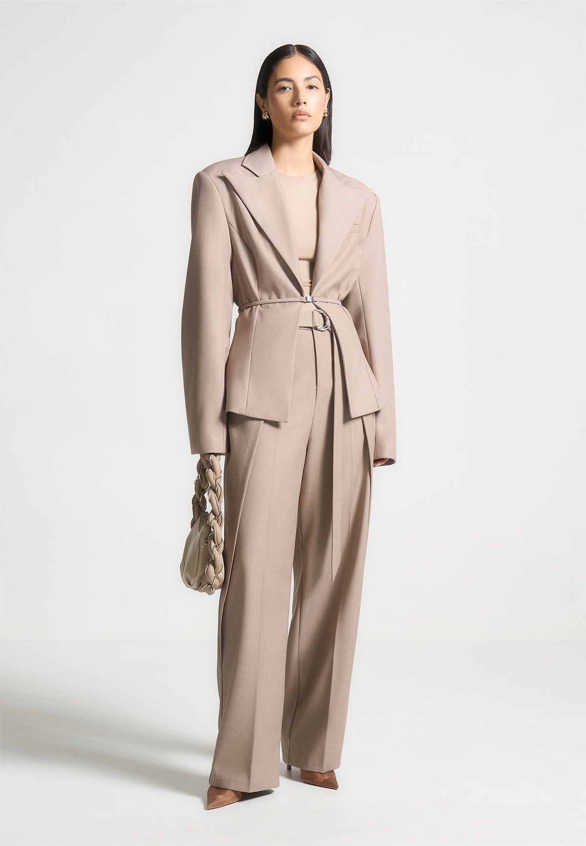 Foldover Tailored Pants with D-Ring Belt - Beige